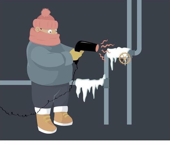 drawing of man, bundled in winter clothes, thawing frozen pipes with hair dryer