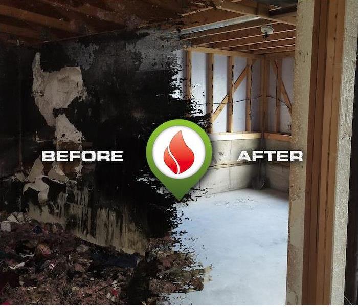 before and after view of fire damage in a home
